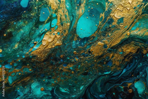Marbled blue abstract background with golden sequins. Liquid marble ink pattern. generative ai