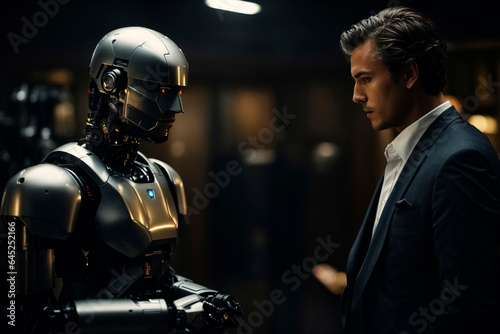 A man with suit meets with a human-like robot cyborg