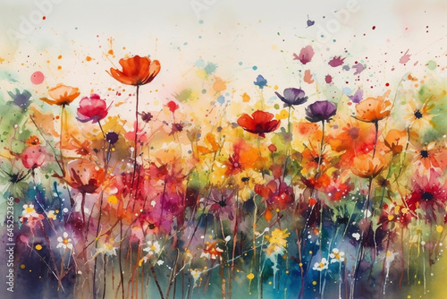 Colorful flowers painting on canvas. Spring background. Digital watercolor painting. generative ai © Graphicsstudio 5