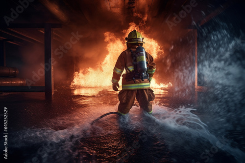 Firefighter in protective clothing and helmet extinguishing a fire on a dark background generative ai