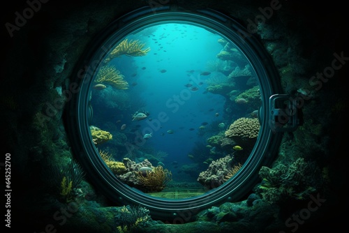 Underwater window view from a vessel. Generative AI