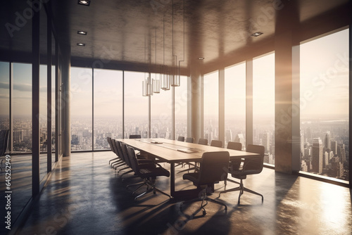 Modern conference room interior with panoramic city view. 3D Rendering generative ai
