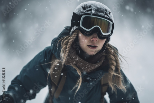 Portrait of young woman snowboarder in helmet and goggles. generative ai