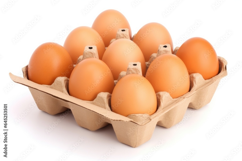 Fresh raw chicken eggs in carton box on white background