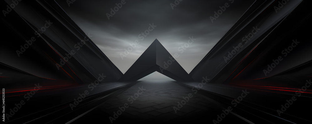 fond noir abstrait géométrique et symétrique - format panoramique - obrazy, fototapety, plakaty 