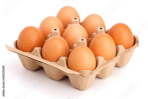 Fresh raw chicken eggs in carton box on white background © DenisNata