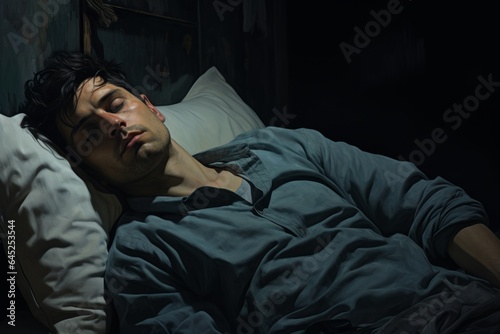 Young Caucasian man peaceful sleeping laying dark night bedroom napping relaxed calm guy sleep dreaming relaxing resting at nighttime in comfortable bed orthopedic mattress dreams dark room top view © Yuliia