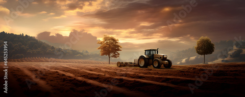 Fotografie, Obraz tracteur dans un champ fraîchement labouré - format panoramique