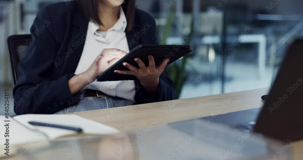 Business woman, hands and tablet at night in research, social media or communication at office. Closeup of female person or employee working late on technology in online search or networking at work