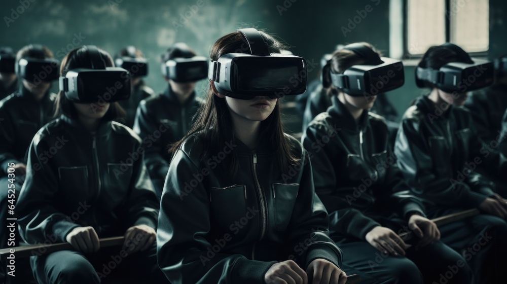In a dystopian future, a group of people wearing virtual reality goggles explore a multiverse of possibilities, dressed in stylish jackets and fedoras, ready to take on whatever comes their way - obrazy, fototapety, plakaty 