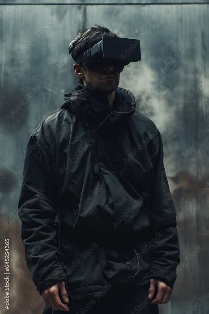 In a bleak dystopian future, a solitary man wearing a black jacket and vr goggles stands as a beacon of hope for the multiverse In a bleak dystopian future, a solitary man wearing a black jacket and vr goggles stands as a beacon of hope for the multiverse