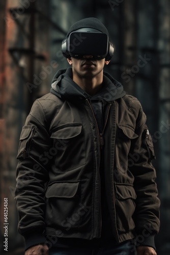 In a dystopian future, a man wearing a stylish leather jacket and vr goggles steps into the multiverse, his street fashion a testament to the unknown worlds he's about to explore