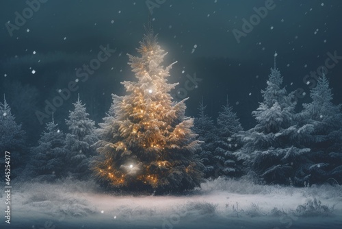 A beautifully illuminated Christmas tree in a picturesque snowy landscape