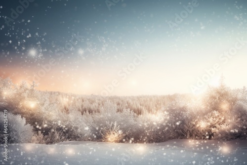 A winter wonderland with twinkling lights and snow-covered trees