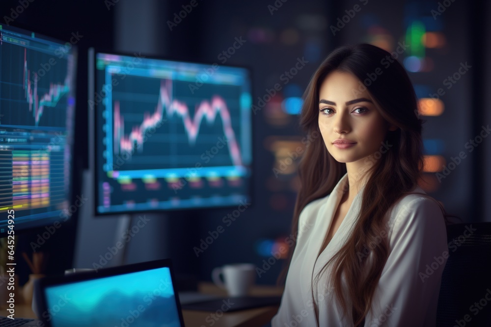 Portrait of businesswoman looking at camera while standing in front of computer monitor with stock market chart.Generative Ai Portrait of businesswoman looking at camera while standing in front of computer monitor with stock market chart.Generative Ai