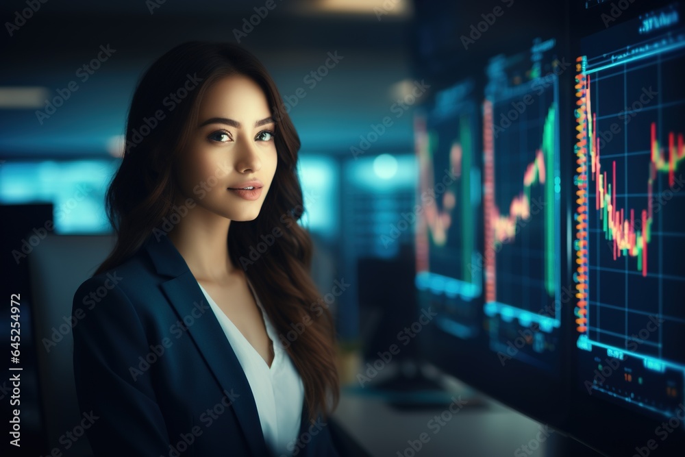 Portrait of businesswoman looking at camera while standing in front of computer monitor with stock market chart.Generative Ai Portrait of businesswoman looking at camera while standing in front of computer monitor with stock market chart.Generative Ai