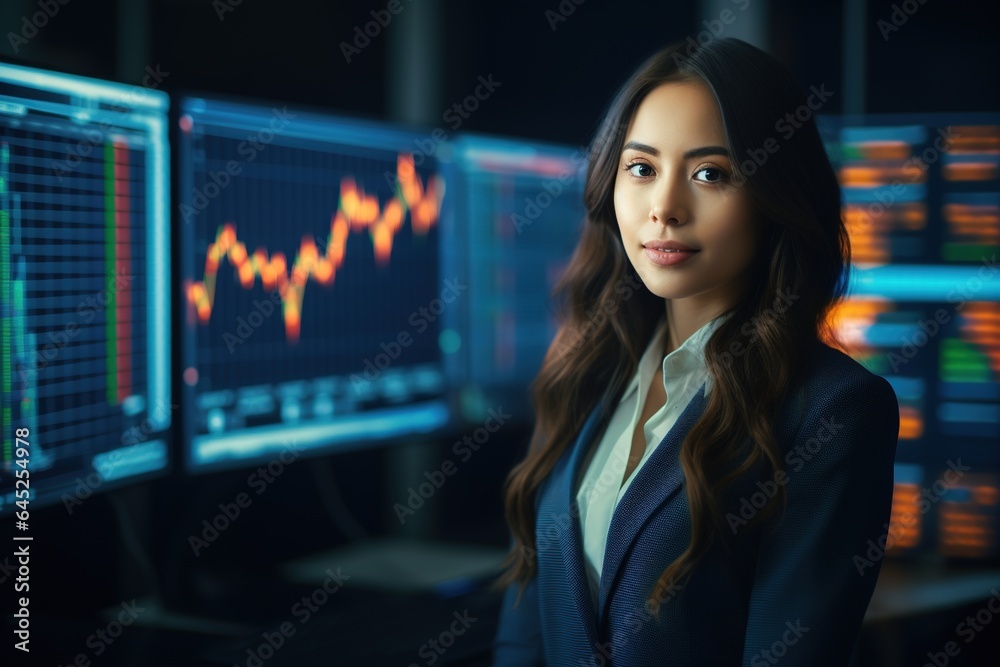 Portrait of businesswoman looking at camera while standing in front of computer monitor with stock market chart.Generative Ai Portrait of businesswoman looking at camera while standing in front of computer monitor with stock market chart.Generative Ai