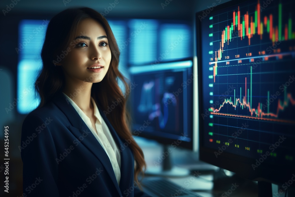 Portrait of businesswoman looking at camera while standing in front of computer monitor with stock market chart.Generative Ai Portrait of businesswoman looking at camera while standing in front of computer monitor with stock market chart.Generative Ai