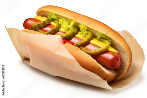 Delicious hot dog with assorted toppings in paper bag, isolated on white background