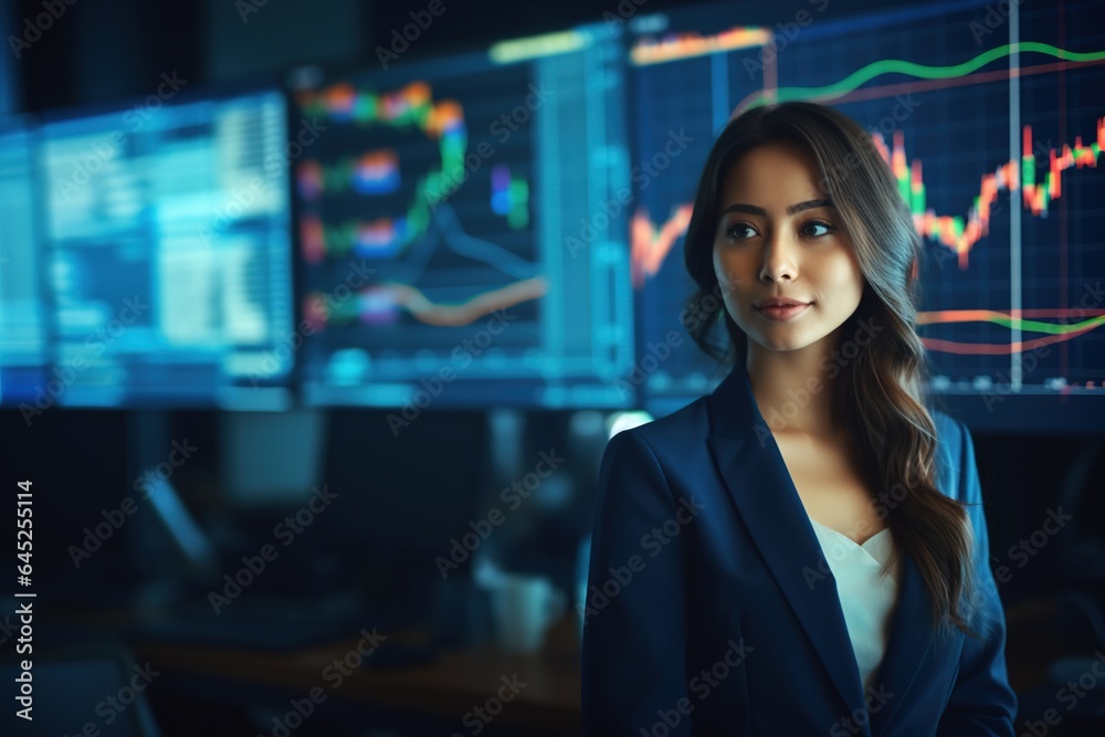 Portrait of businesswoman looking at camera while standing in front of computer monitor with stock market chart.Generative Ai Portrait of businesswoman looking at camera while standing in front of computer monitor with stock market chart.Generative Ai