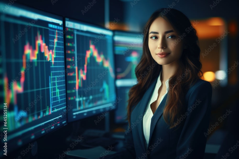 Portrait of businesswoman looking at camera while standing in front of computer monitor with stock market chart.Generative Ai Portrait of businesswoman looking at camera while standing in front of computer monitor with stock market chart.Generative Ai