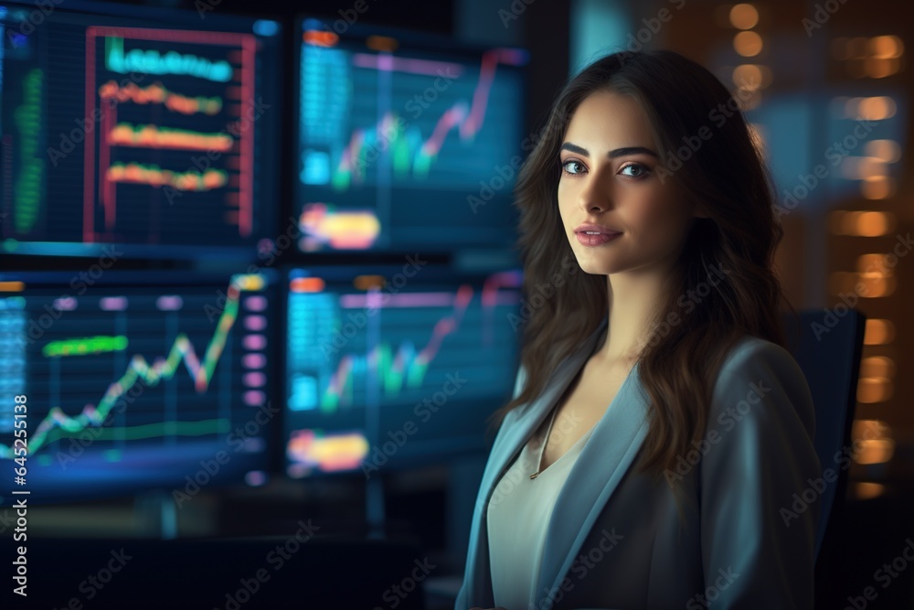 Portrait of businesswoman looking at camera while standing in front of computer monitor with stock market chart.Generative Ai Portrait of businesswoman looking at camera while standing in front of computer monitor with stock market chart.Generative Ai