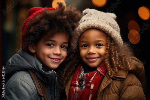 Cute african american children brother and sister together on background of bokeh garland ha outdoors on winter day looking at camera