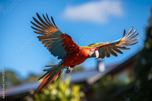 a red and green parrot flying in the air © illustrativeinfinity