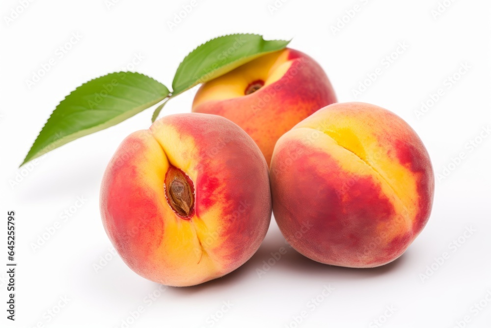 Three fresh peaches with vibrant green leaves on a clean white background Three fresh peaches with vibrant green leaves on a clean white background