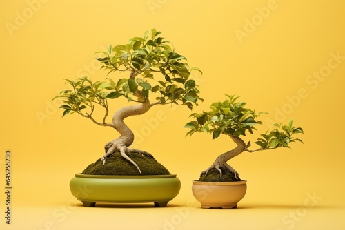 Image of bonsai trees and green leaves with light yellow background. Generative AI
