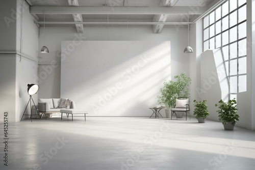 Serene white and gray studio setting with a backdrop of a grey floor illuminated by spotlights. Generative AI
