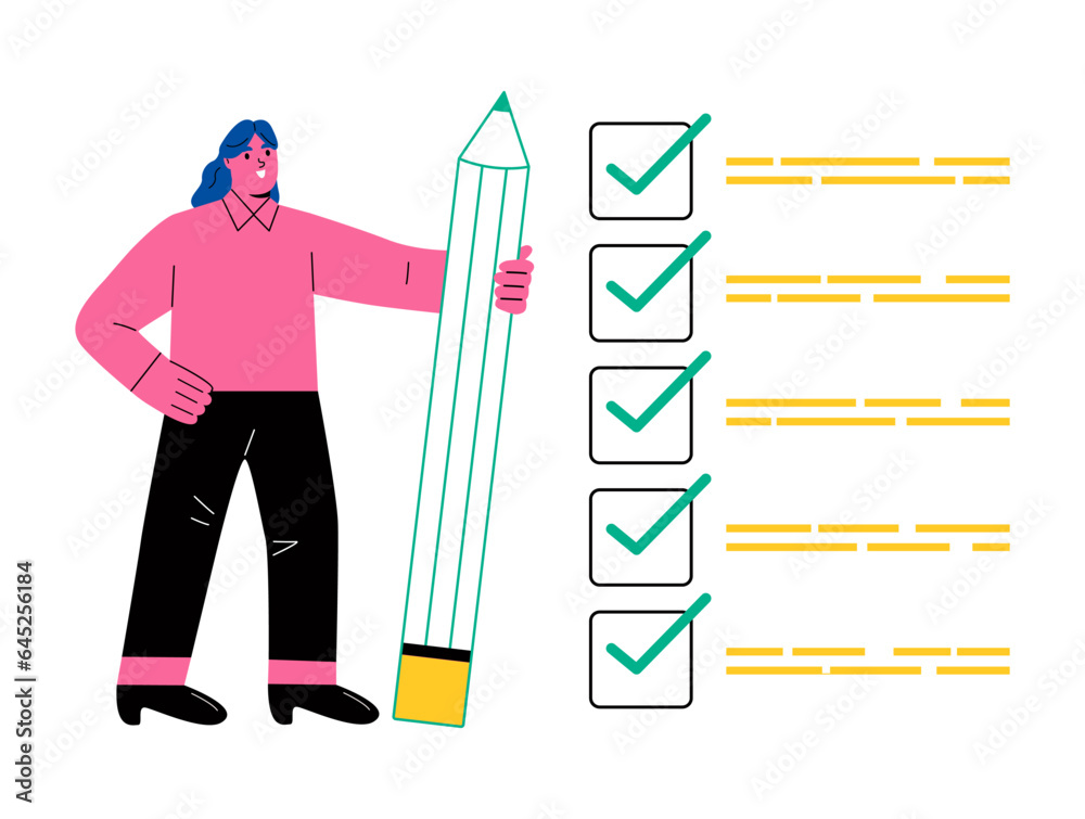 Finished checklist concept. Business woman expert holding pencil tick all completed task checkbox. Flat vector illustration isolated on white background