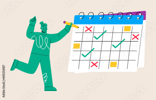 Date on huge calendar planning important matter. Time management, Memo reminder, Work plan. Colorful vector illustration