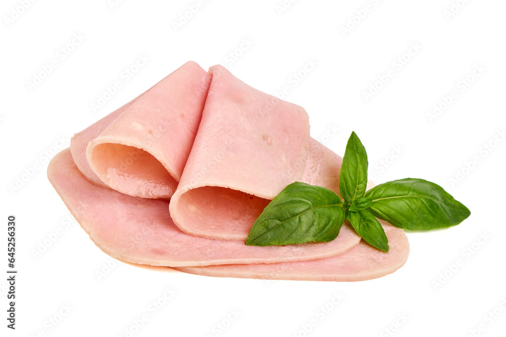 Cooked ham slices, isolated on a white background. Cooked ham slices, isolated on a white background.