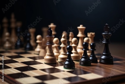 A chess set with pieces strategically placed on a board