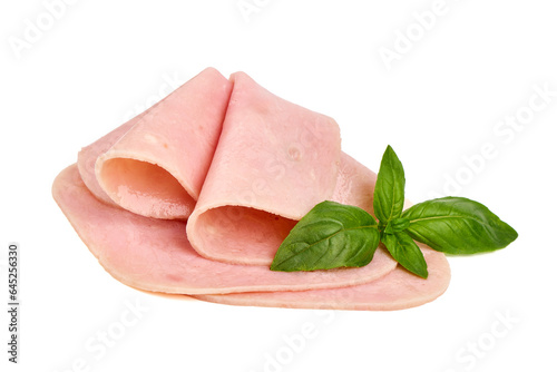 Cooked ham slices, isolated on a white background.