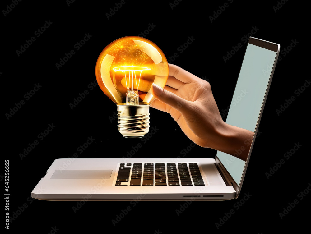 New idea inspiration concept with human hand holding lightbulb reaching out from inside laptop New idea inspiration concept with human hand holding lightbulb reaching out from inside laptop