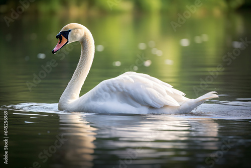 a swan swimming in a lake with a green background