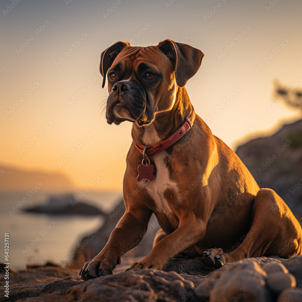 Side view of a Boxer dog, sitting on a stone wall looking at a ocean sunset