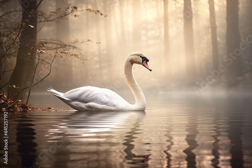 Beautiful white swan in foggy lake at dawn