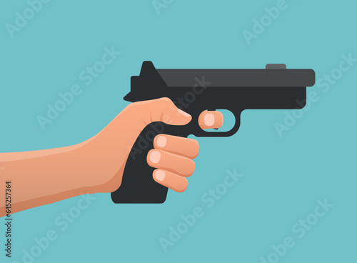 Hand holding pistol gun icon in flat style. Firearm symbol vector illustration on isolated background. Rifle ammo sign business concept.