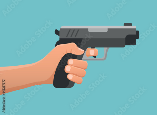 Hand holding pistol gun icon in flat style. Firearm symbol vector illustration on isolated background. Rifle ammo sign business concept.