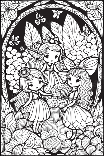 coloring page of the group of fairies flitting about among the flowers