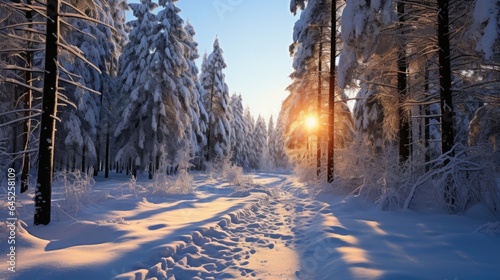 Winter landscape with dawn in forest. Winter sunrise and trees covered with snow.