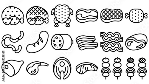 肉のアイコンセット。シンプルなベクター線画イラスト。
Meat icon set. Simple vector line drawing illustrations.