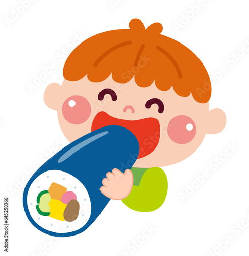 節分に恵方巻きを食べる子どものイラスト