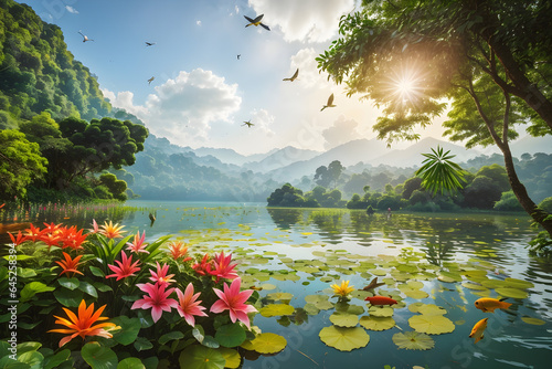 The lush and vibrant jungle filled with towering trees, colorful 