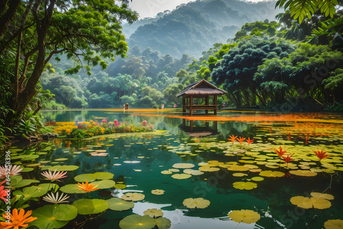 The lush and vibrant jungle filled with towering trees, colorful 