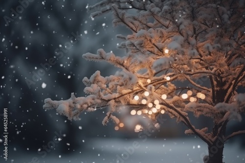 A beautifully illuminated snow-covered tree at night