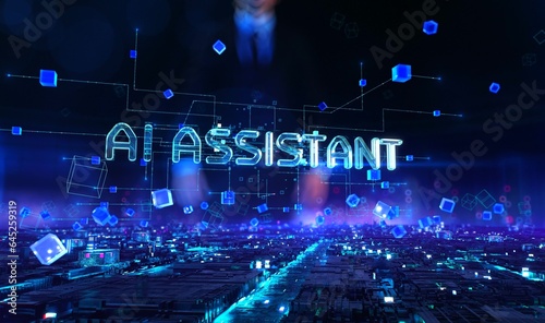 AI Assistant- businessman working and touching with augmented virtual reality at night office.